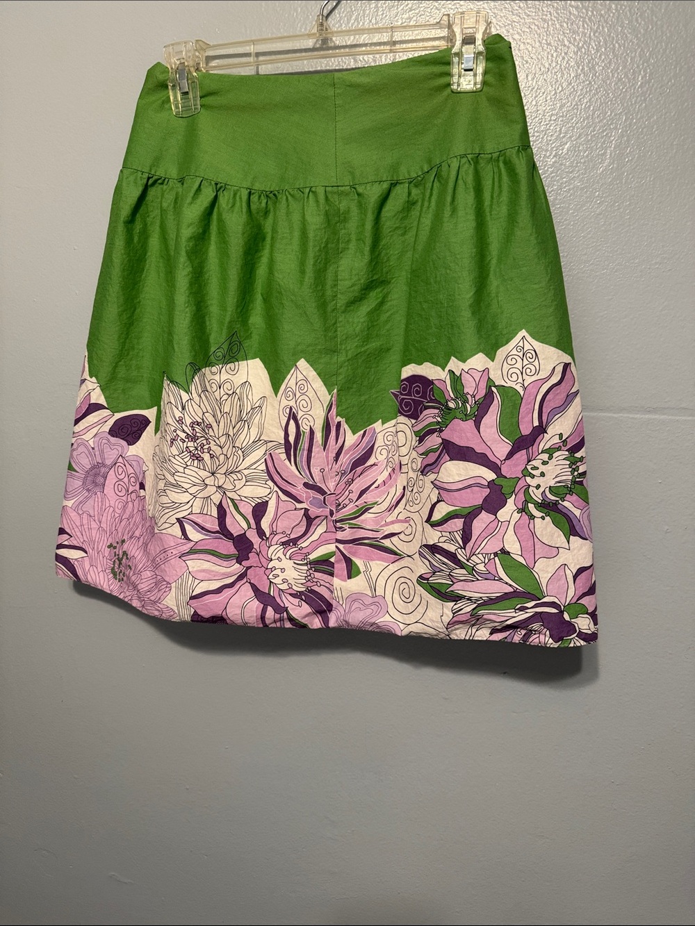 LOFT Green A-Line Skirt with Purple & Cream Floral Border